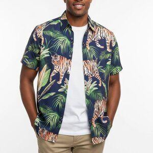 KYKU Tiger & Tropical Palm Print Hawaiian Shirt - Men’s Large - Navy Blue